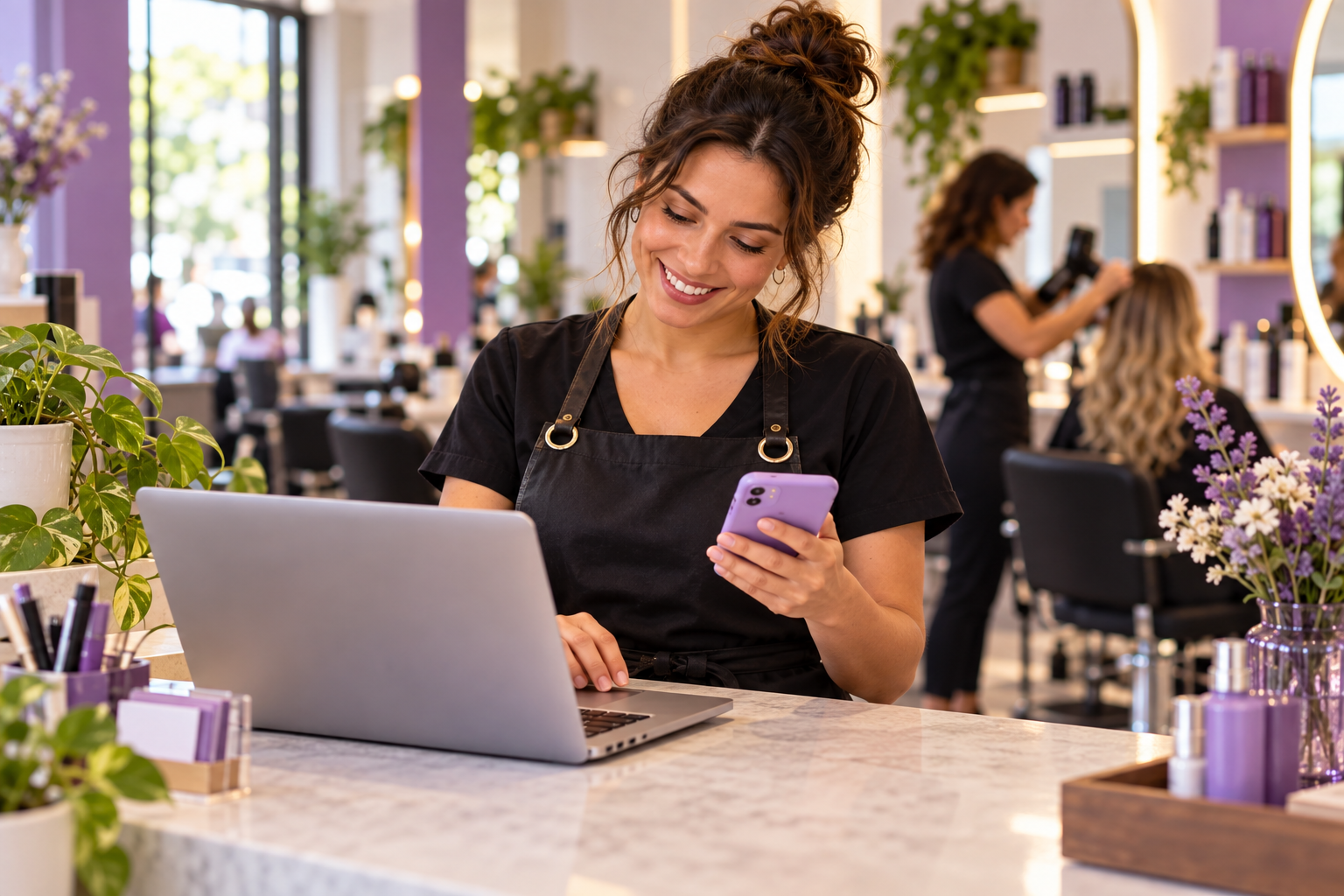 Profissional de salão de beleza conferindo a agenda de clientes