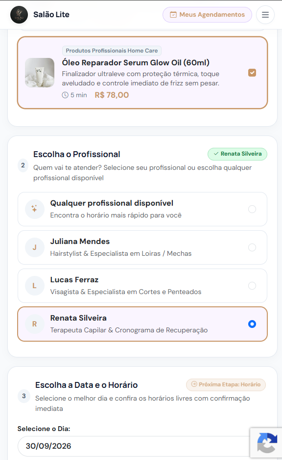 Tela de agendamento online do cliente final